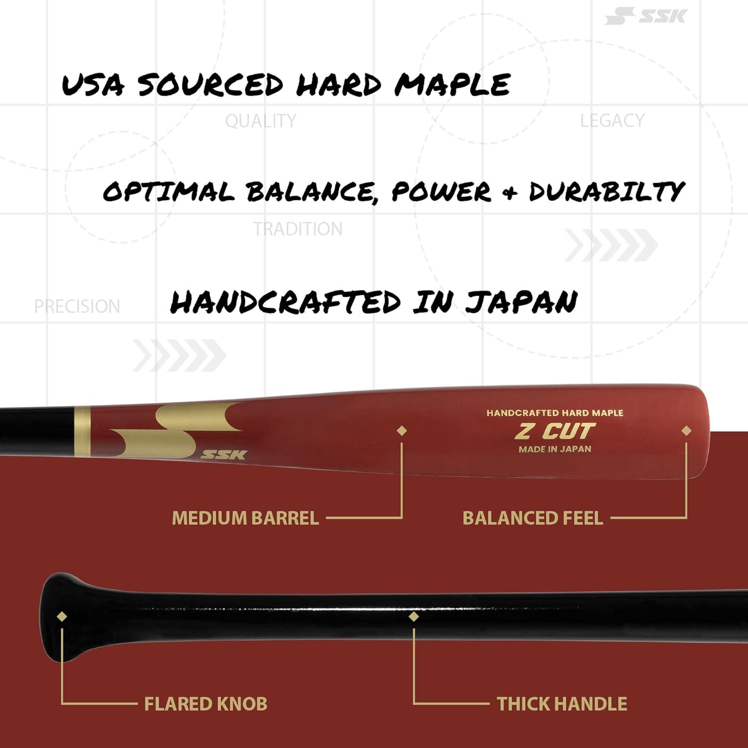 Z Cut Maple Wood Baseball Bat - Made in Japan - Balanced - Durable